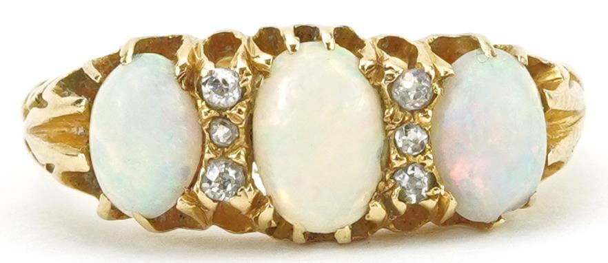 Edwardian 18ct gold cabochon opal and diamond ring with ornate pierced setting, set with three opals - Image 2 of 5