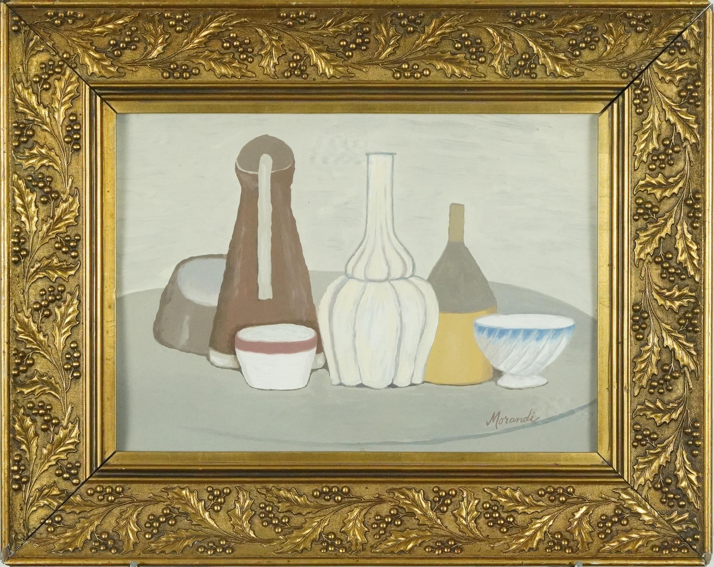 Still life vessels on a table, continental school gouache, mounted, framed and glazed, 37cm x 26cm - Image 2 of 4