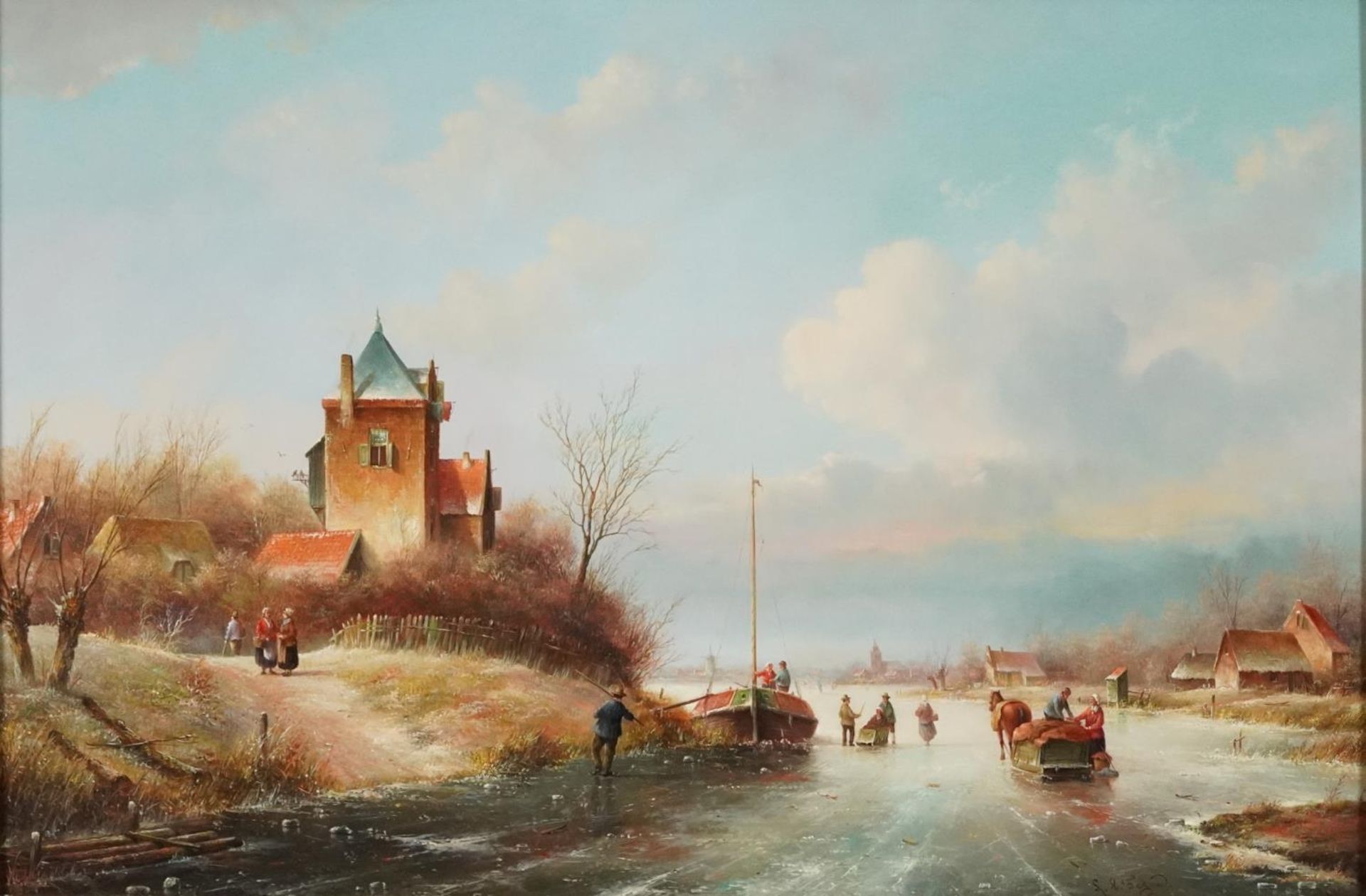 Dutch winter landscape with windmill in the distance, 19th century style oil on wood panel,