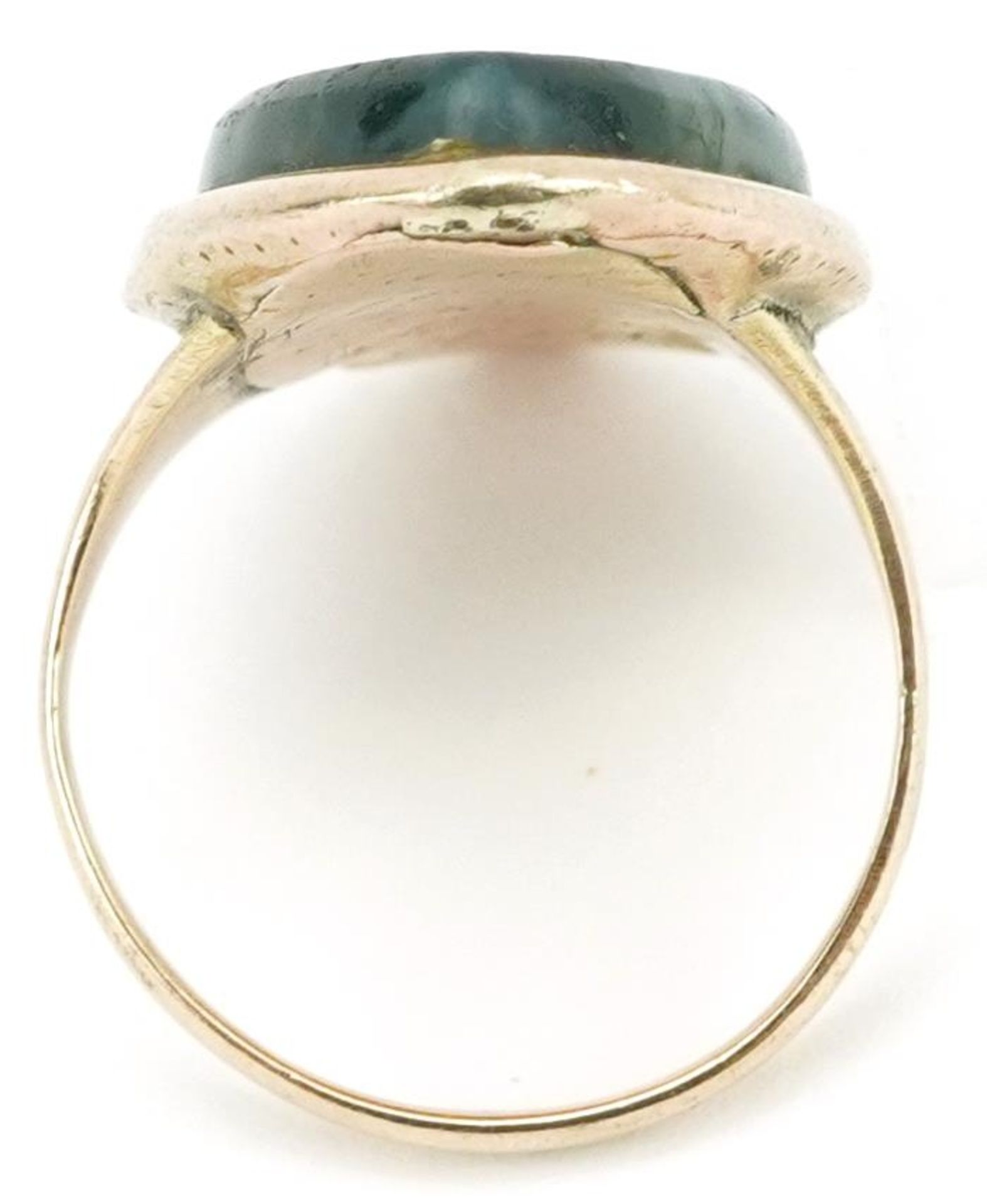 George III gold agate marquis shape mourning ring engraved Jane Gray 12 Feb 1788 ?? 28, size N, 5.9g - Image 3 of 3