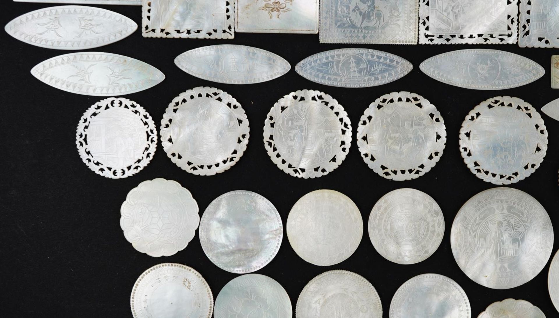 Good collection of Chinese Canton mother of pearl gaming counters carved with figures and flowers, - Image 5 of 30