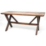 Industrial hardwood dining table with X stretcher, 71cm H x 157cm W x 60cm D