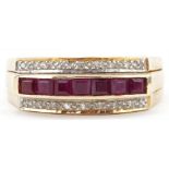 14ct gold ruby and diamond three row ring, size N/O, 3.9g