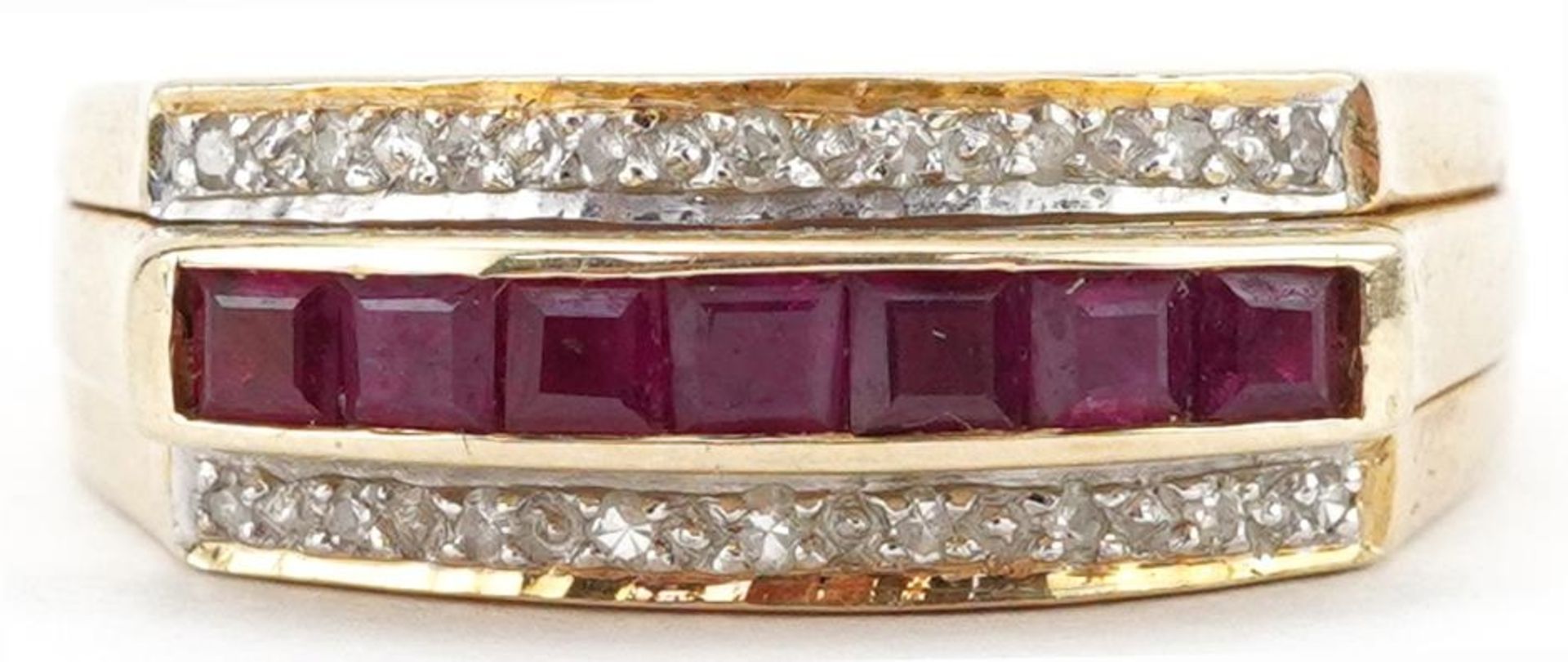 14ct gold ruby and diamond three row ring, size N/O, 3.9g