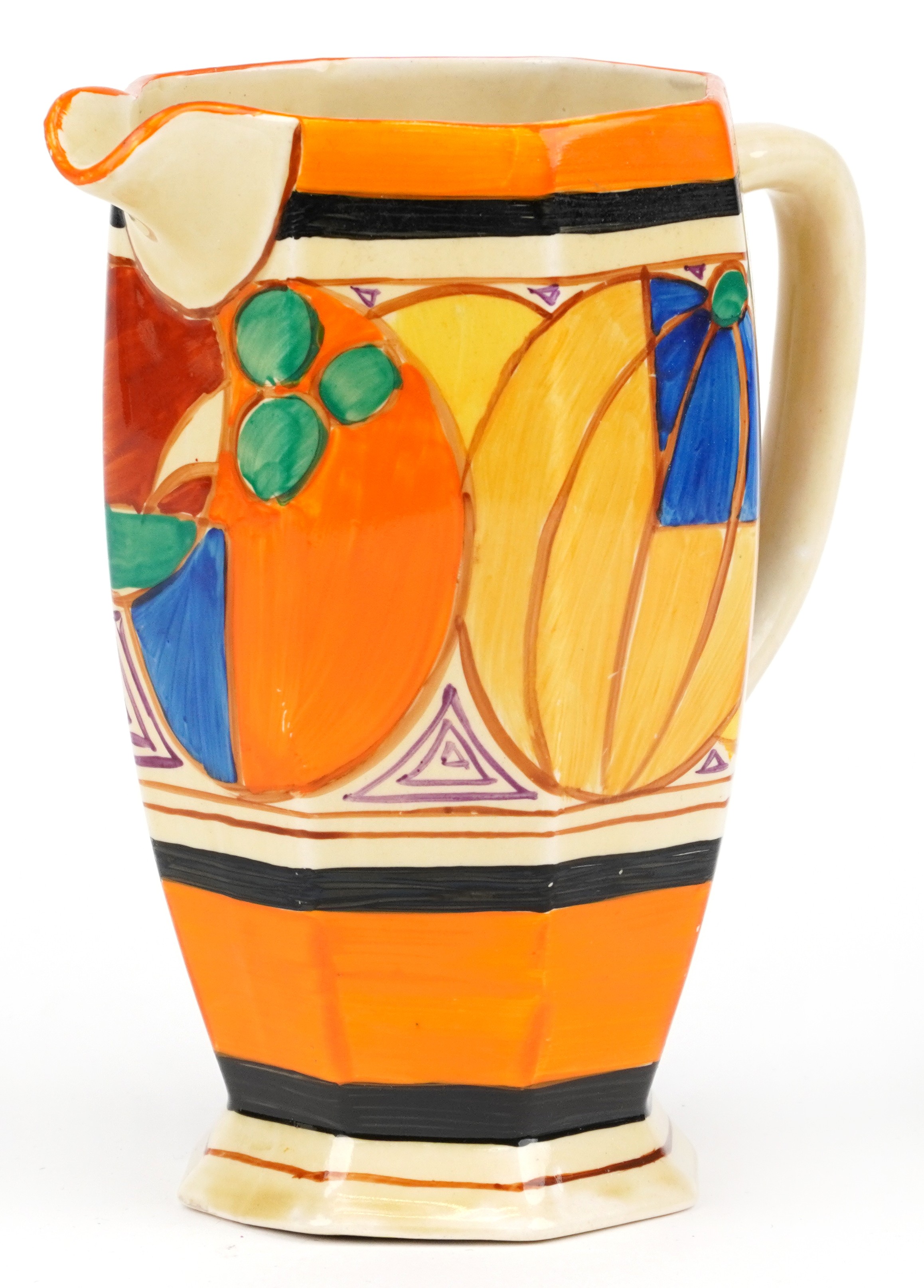 Clarice Cliff, Art Deco Fantastique Bizarre water jug with octagonal body hand painted in the