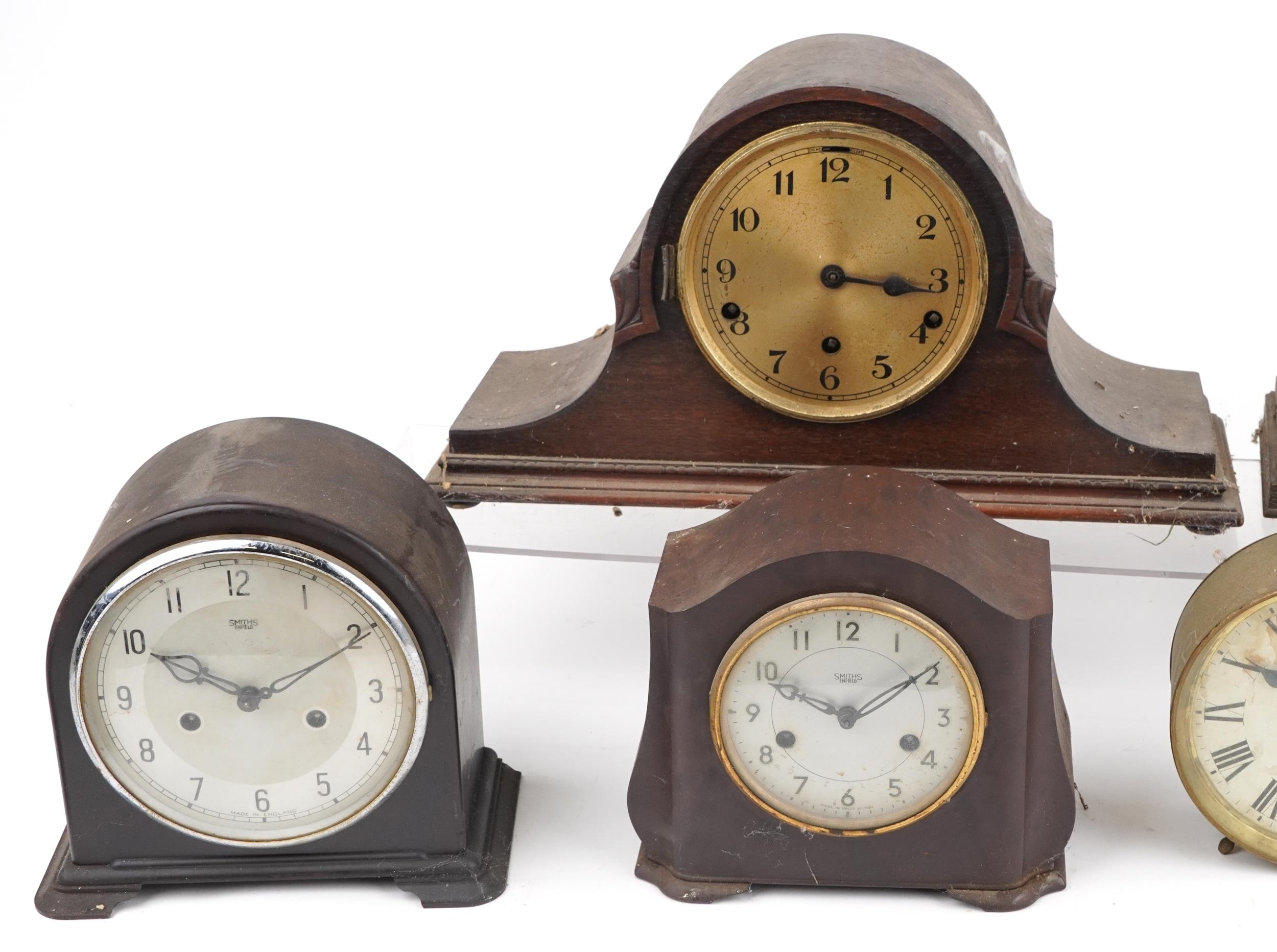 Six early 20th century oak and Bakelite mantle clocks and a American ship's design alarm example - Image 2 of 3