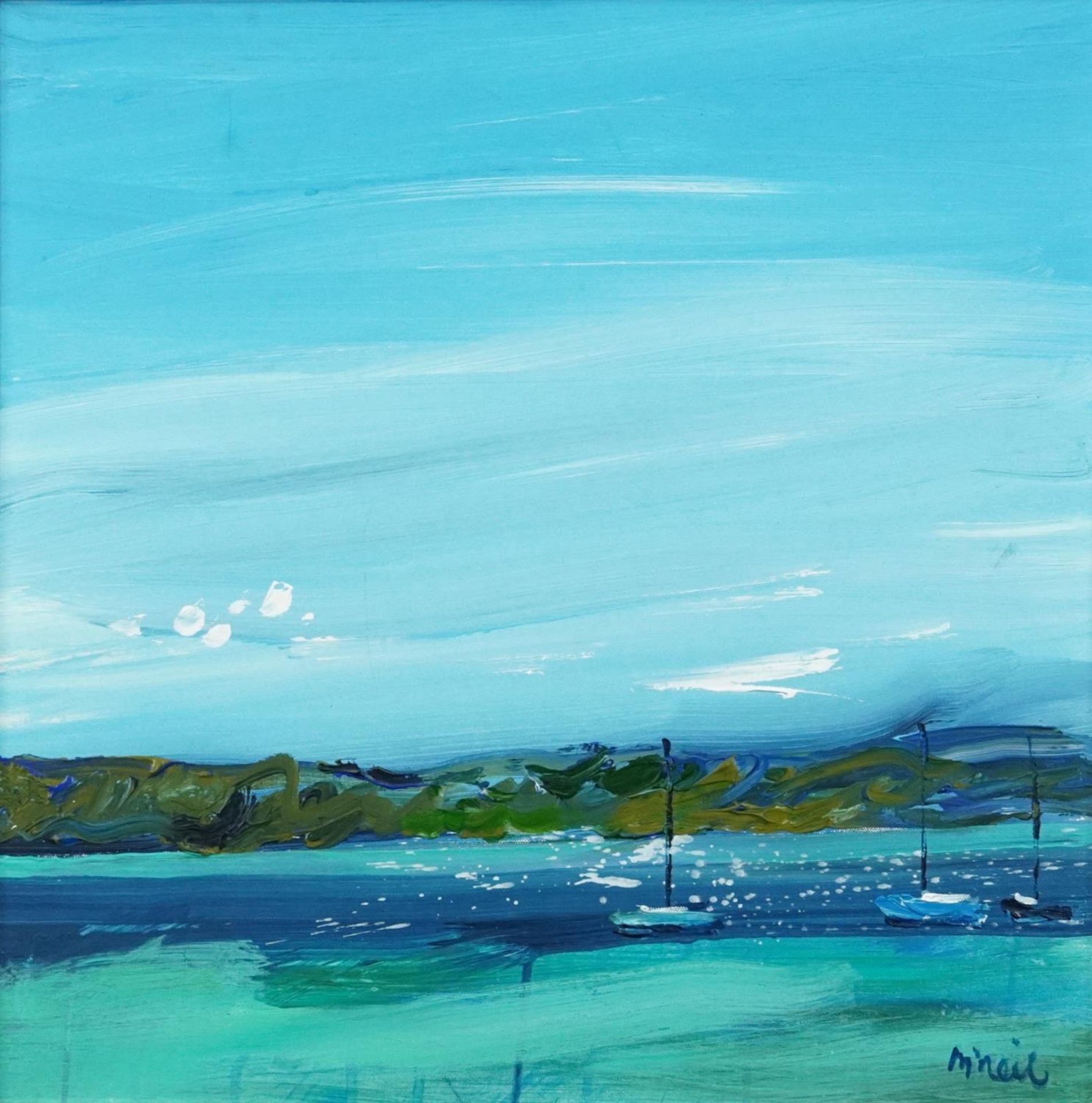 Don McNeil 2010 - Three yards moored of Gigha, contemporary Scottish school oil on canvas, inscribed