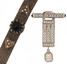 Art Deco style Christian Dior brooch and a white metal mesh link bracelet set with black onyx
