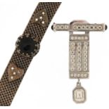 Art Deco style Christian Dior brooch and a white metal mesh link bracelet set with black onyx