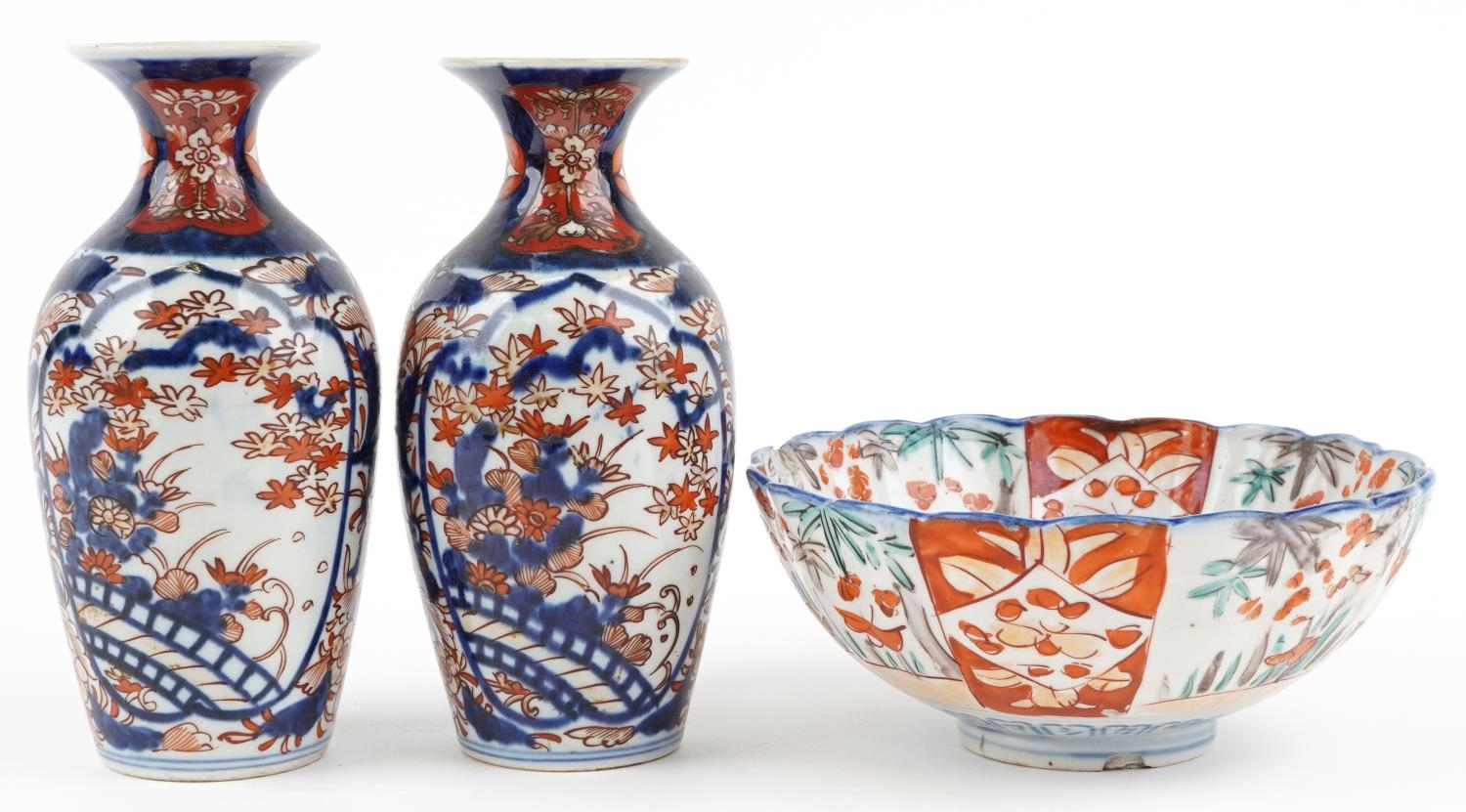 Japanese Imari porcelain including a pair of vases hand painted with flowers, the largest 19cm high - Image 5 of 9