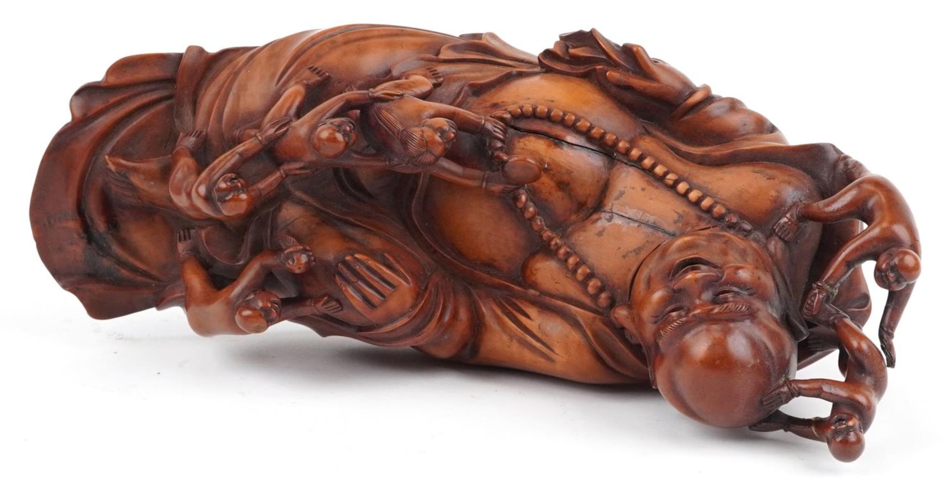 Chinese wooden and metalware including a root wood carving of Happy Buddha on stand surmounted - Image 8 of 9