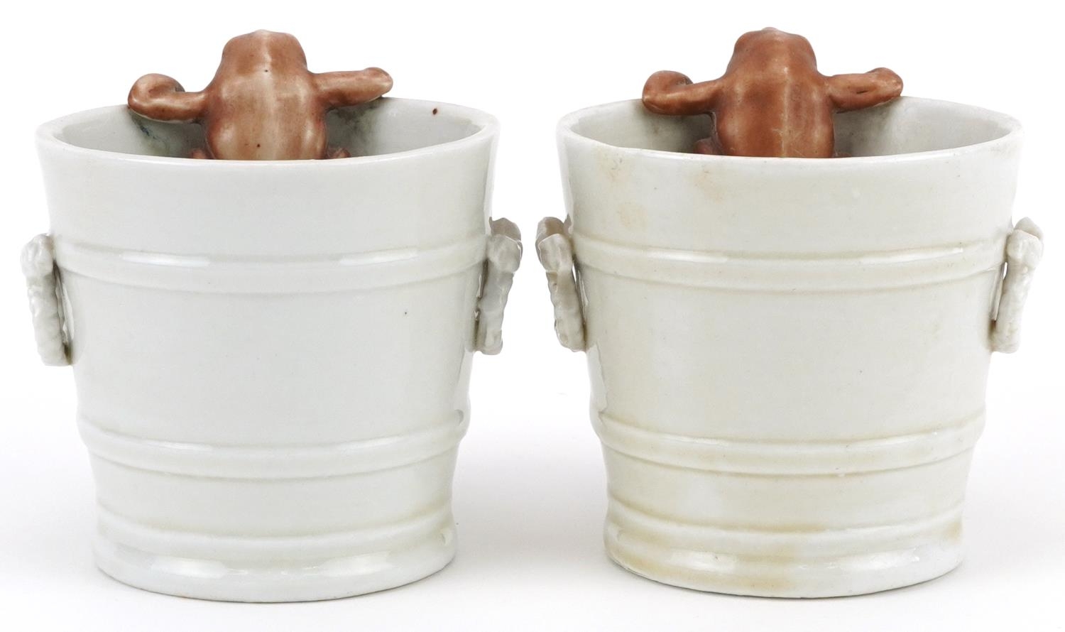 Pair of 19th century continental porcelain comical cache pots in the form of buckets mounted with - Image 3 of 4