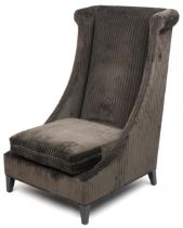 Contemporary dark olive green upholstered throne lounge chair with ebonised legs, 119cm H x 75cm W x