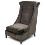 Contemporary dark olive green upholstered throne lounge chair with ebonised legs, 119cm H x 75cm W x