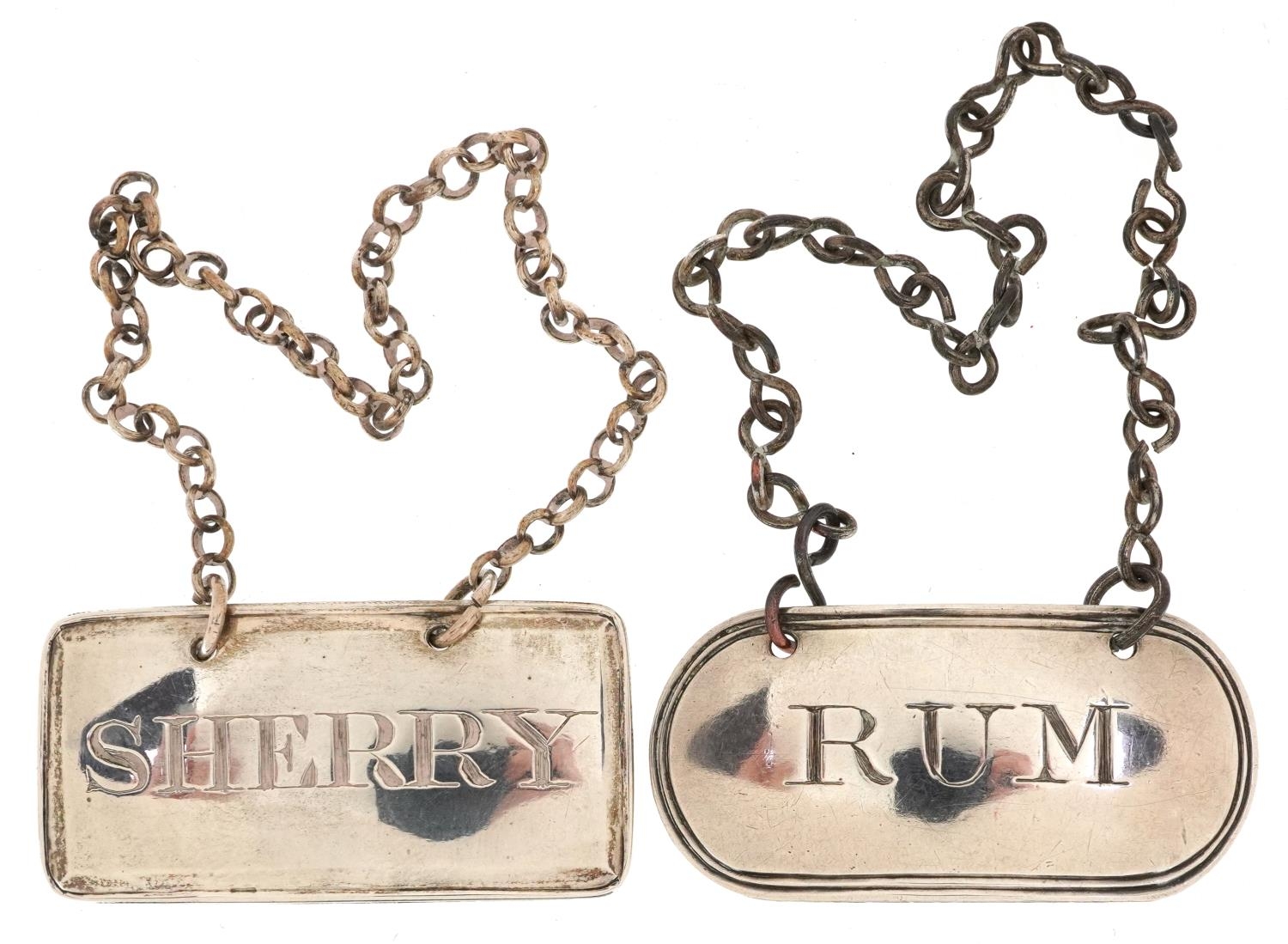 Two George III silver decanter labels comprising sherry and rum, 1800 and 1814, each 4.4cm wide, - Image 2 of 5