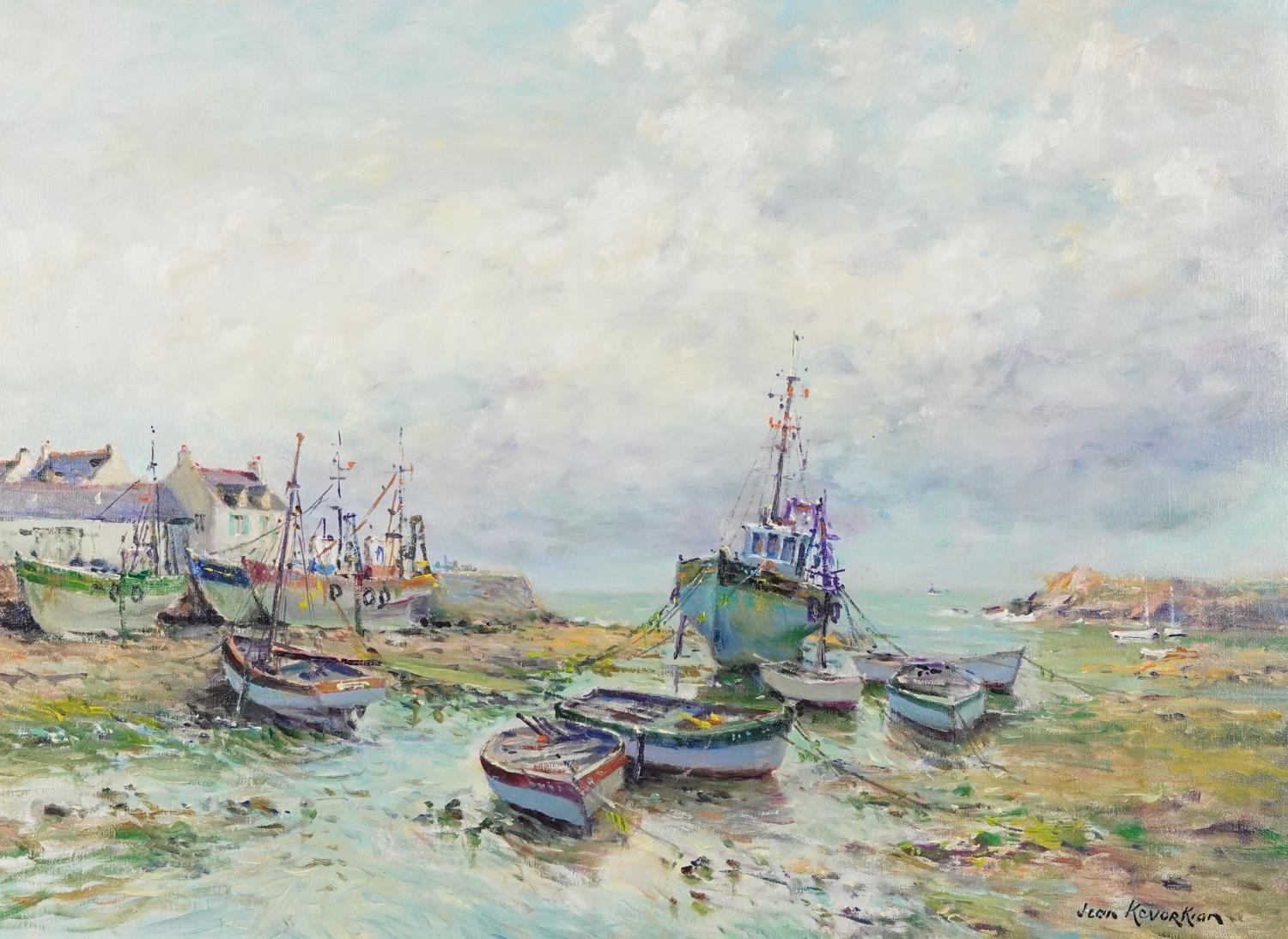Jean Kevorkian - Marée basse, moored fishing boats, contemporary French oil on canvas, inscribed