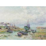 Jean Kevorkian - Marée basse, moored fishing boats, contemporary French oil on canvas, inscribed