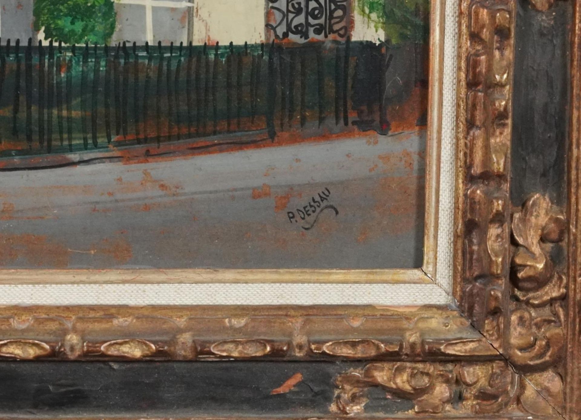 Paul Lucien Dessau - London street scene, oil on board, mounted and framed, 54cm x 37cm excluding - Bild 3 aus 4