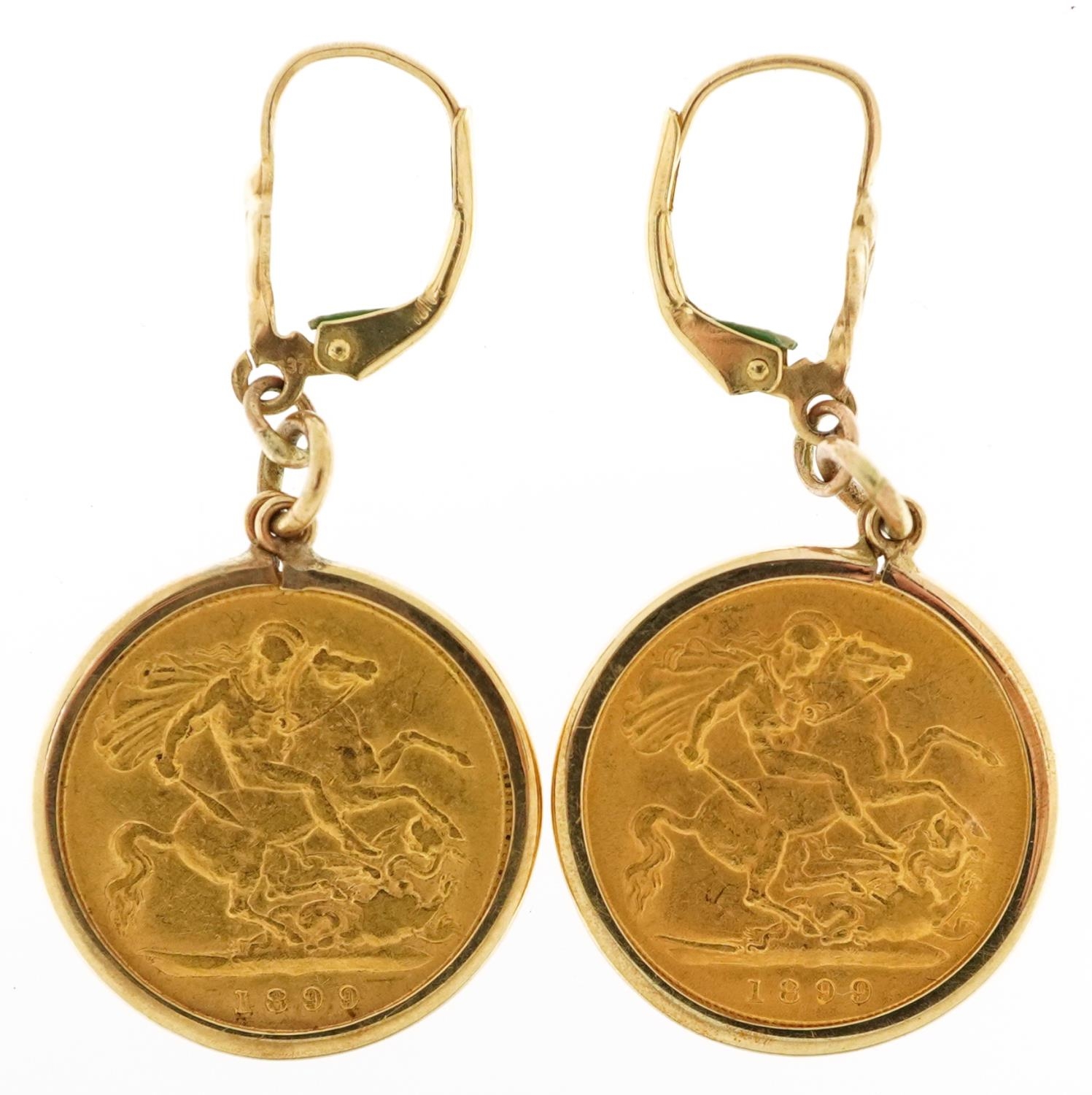 Pair of Queen Victoria 1899 gold half sovereigns housed in 9ct gold earring mounts, total 10.2g