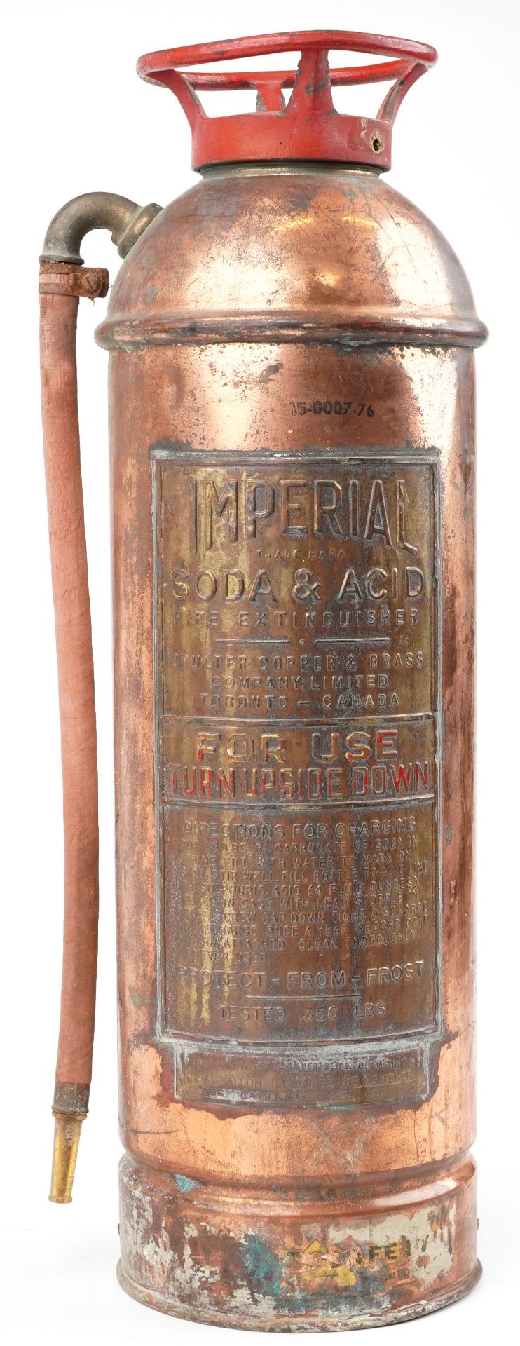 Vintage Canadian Imperial soda and acid copper fire extinguisher with brass plaques, 60.5cm high - Image 2 of 5