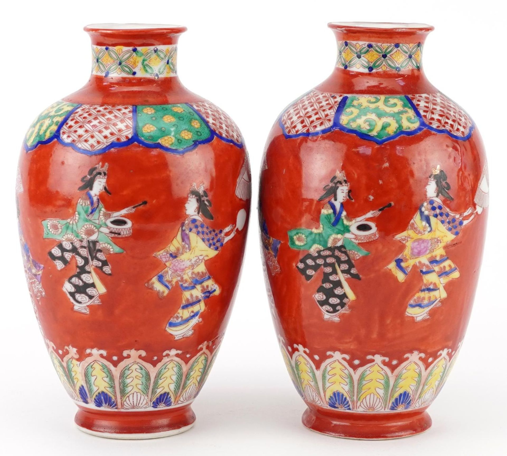 Pair of Japanese iron red ground porcelain vases hand painted with a continuous band of Geishas - Image 4 of 6