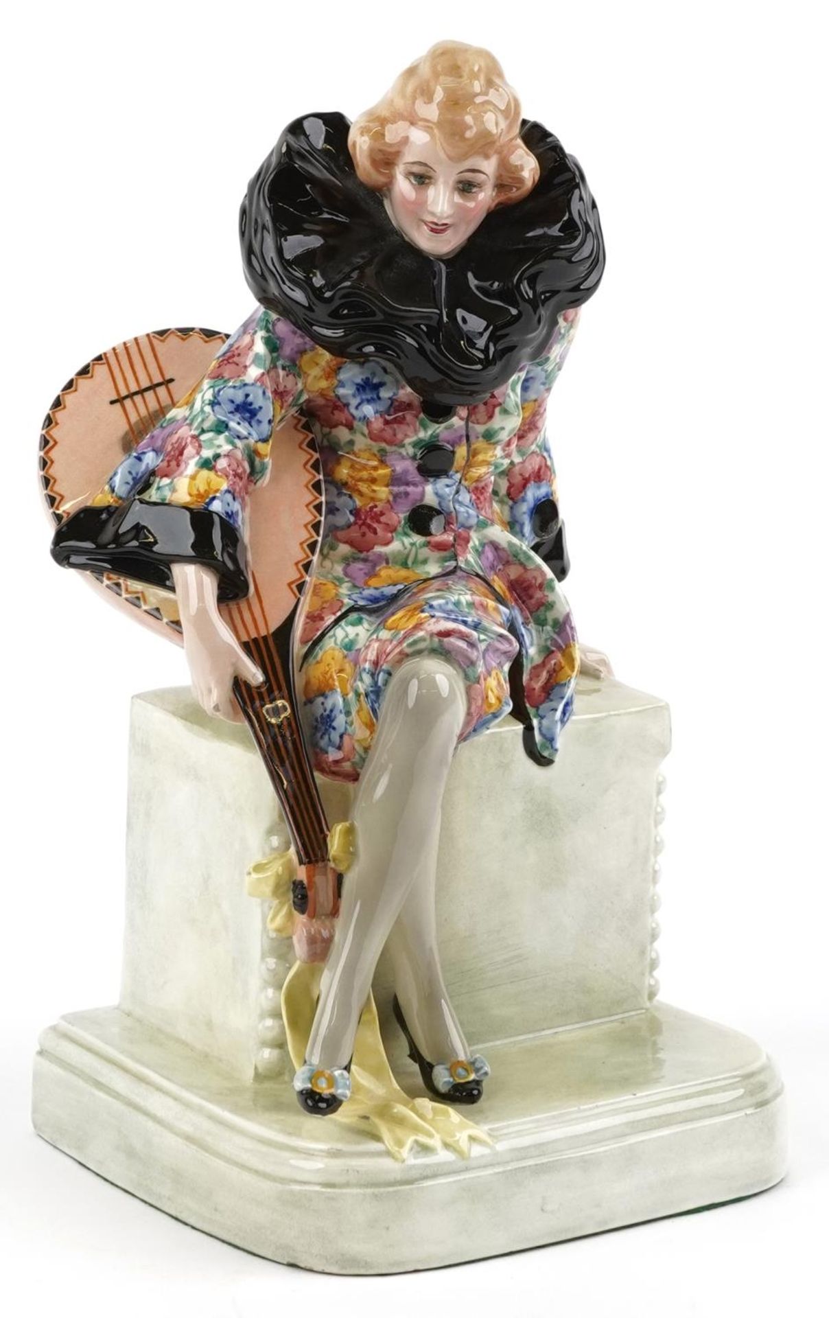 Wilhelm Thomasch for Goldschneider, Austrian Art Deco figurine of a Pierrette holding a mandolin,