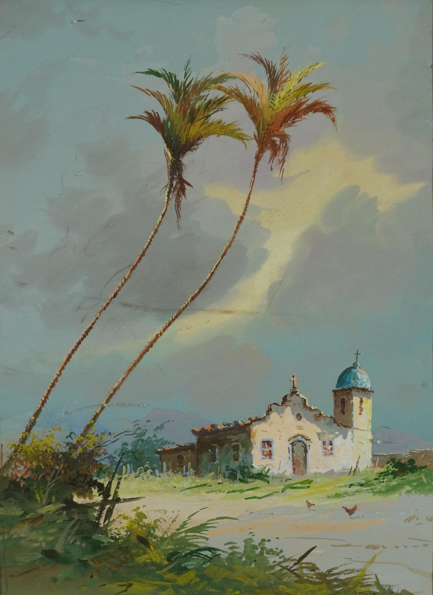 Minero colonial church, continental gouache on card, inscribed verso, mounted, unframed, 27cm x 20cm