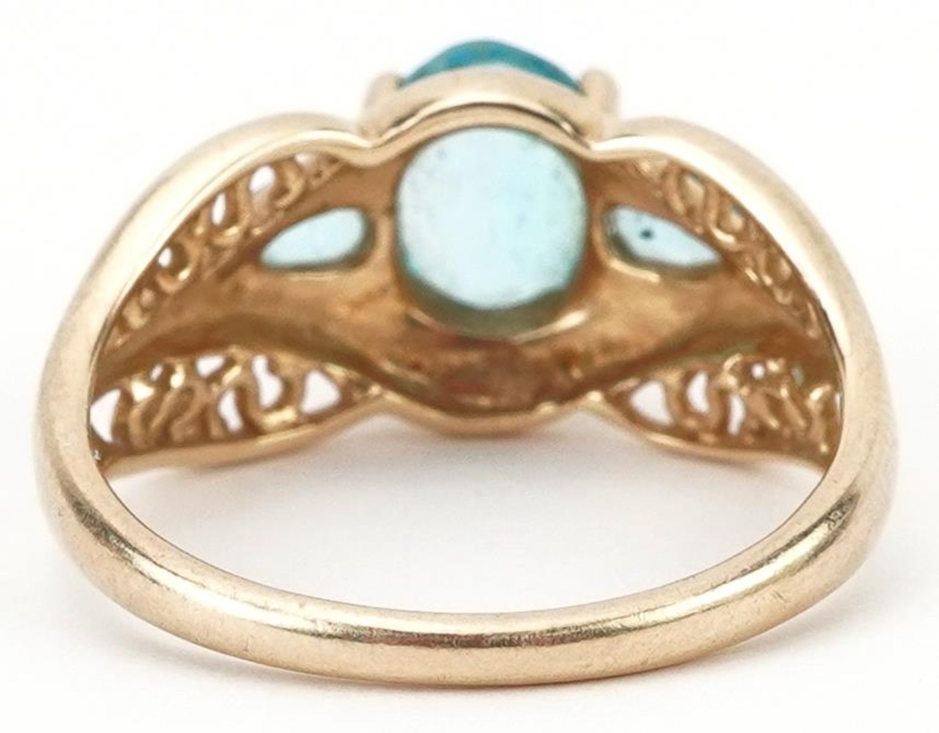 Chinese 14K gold blue topaz three stone ring with pierced shoulders, the central topaz approximately - Image 2 of 5