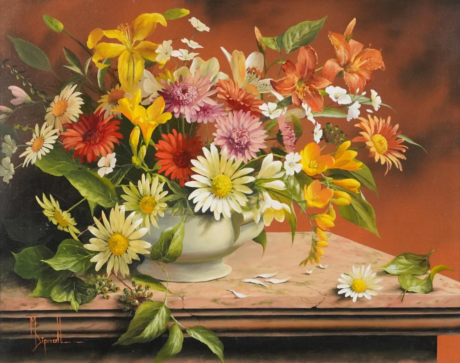 Mary Dipnall - Still life flowers, contemporary oil on canvas, mounted and framed, 49cm x 39cm