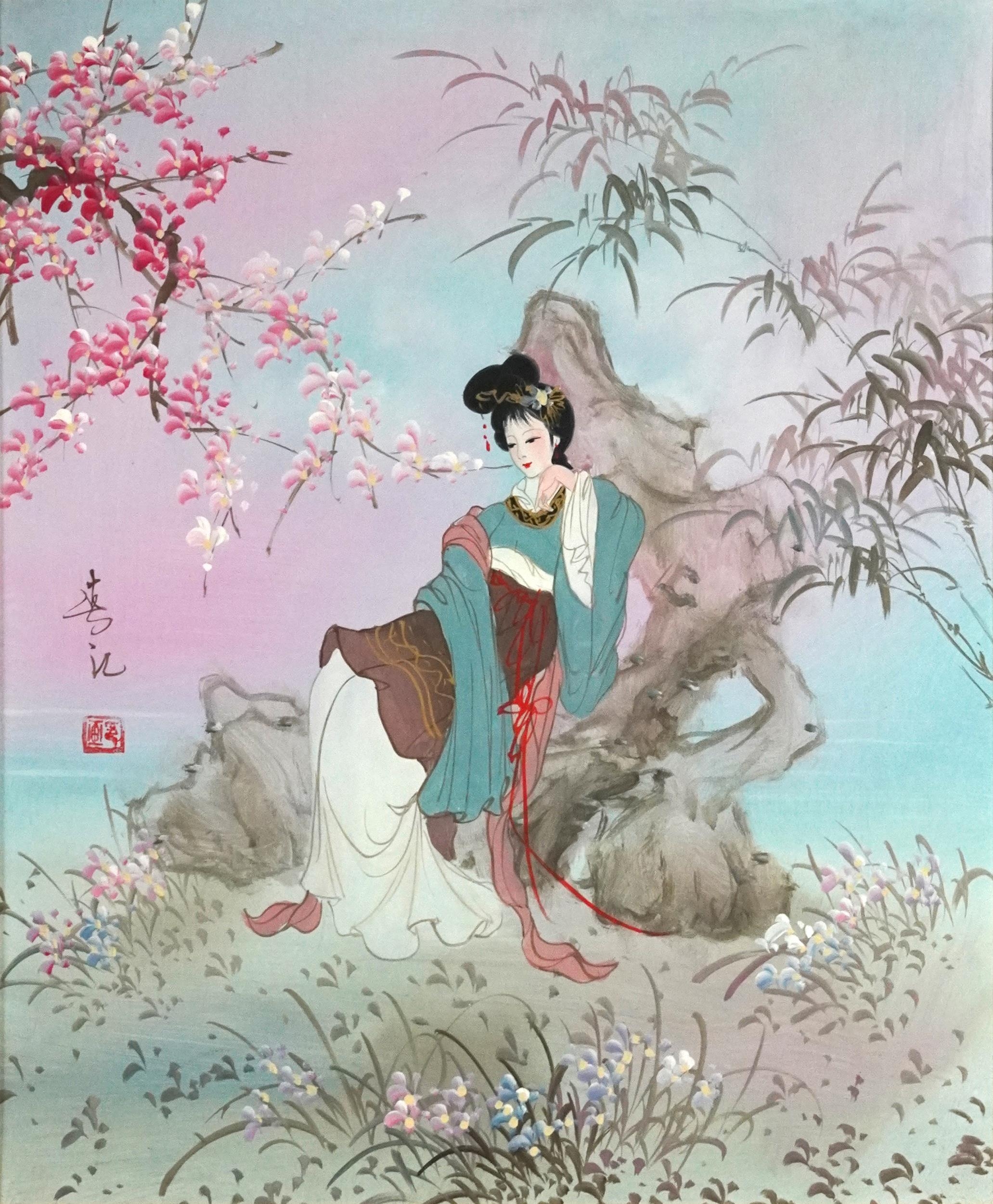 Young females beside flowers before water, two Chinese school oil on canvases, each with - Image 6 of 9