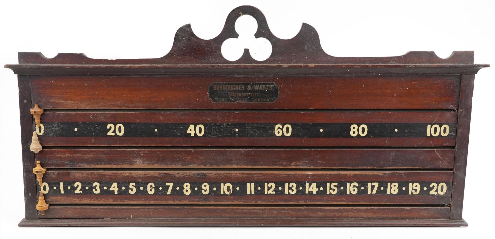Early 20th century Burroughes & Watts mahogany snooker scoreboard, 101cm x 49cm
