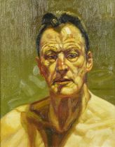 Head and shoulders portrait of Lucian Freud, Impressionist oil on board, mounted and framed, 50cm