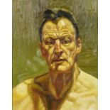 Head and shoulders portrait of Lucian Freud, Impressionist oil on board, mounted and framed, 50cm