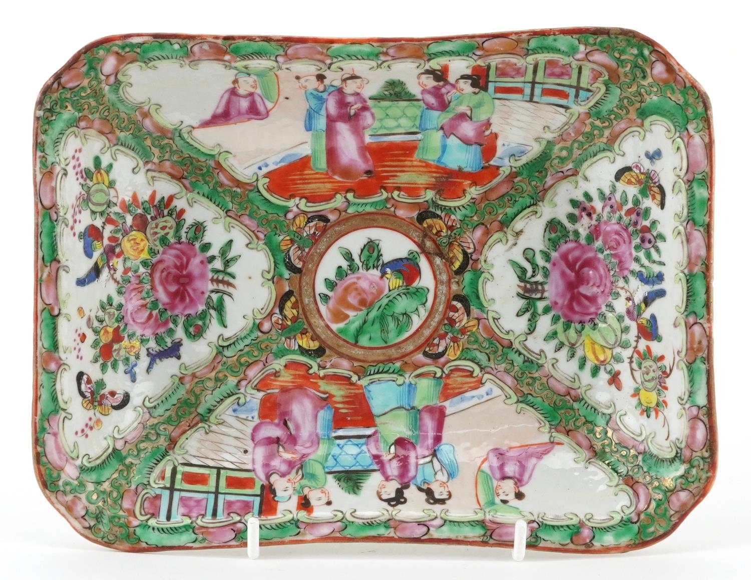 Chinese Canton rectangular dish hand painted in the famille rose palette with panels of figures