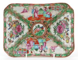 Chinese Canton rectangular dish hand painted in the famille rose palette with panels of figures