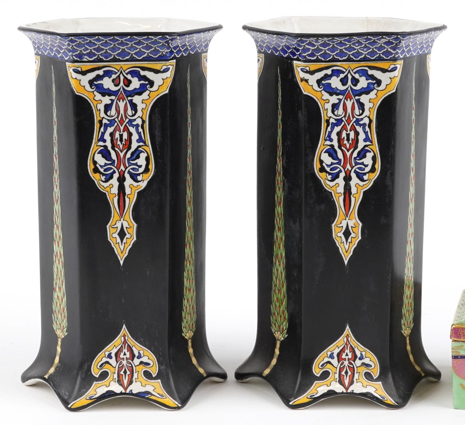 Pair of Art Nouveau hexagonal vases decorated with foliate motifs and a 1930s square box and cover - Image 2 of 5