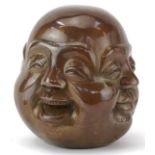 Chinese patinated bronze four face Buddha paperweight, character marks to the base, 12cm high