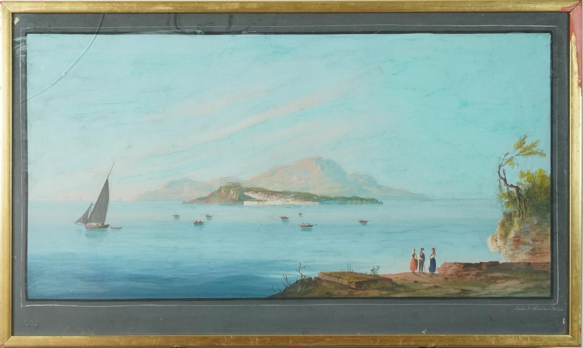 Island of Ischia, 19th century Italian school gouache, mounted, framed and glazed, 83cm x 42.5cm - Image 3 of 6