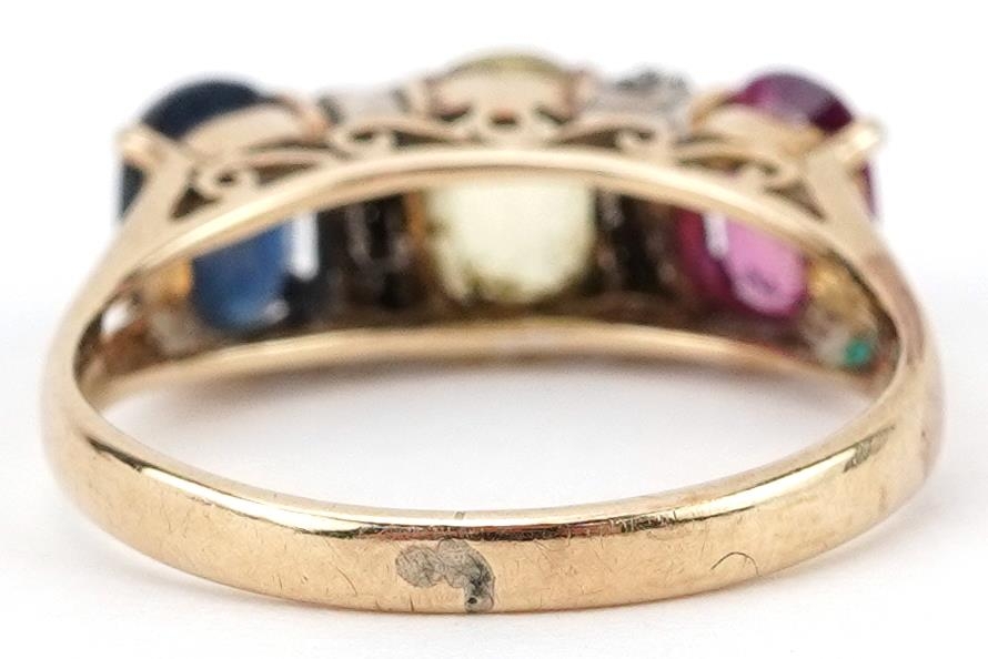 Continental gold multi gem ring set with six diamonds, ruby, sapphire and citrine, tests as 9ct - Image 2 of 4