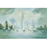 Sailing boats on calm water, contemporary Impressionist oil on canvas, mounted and framed, 75.5cm