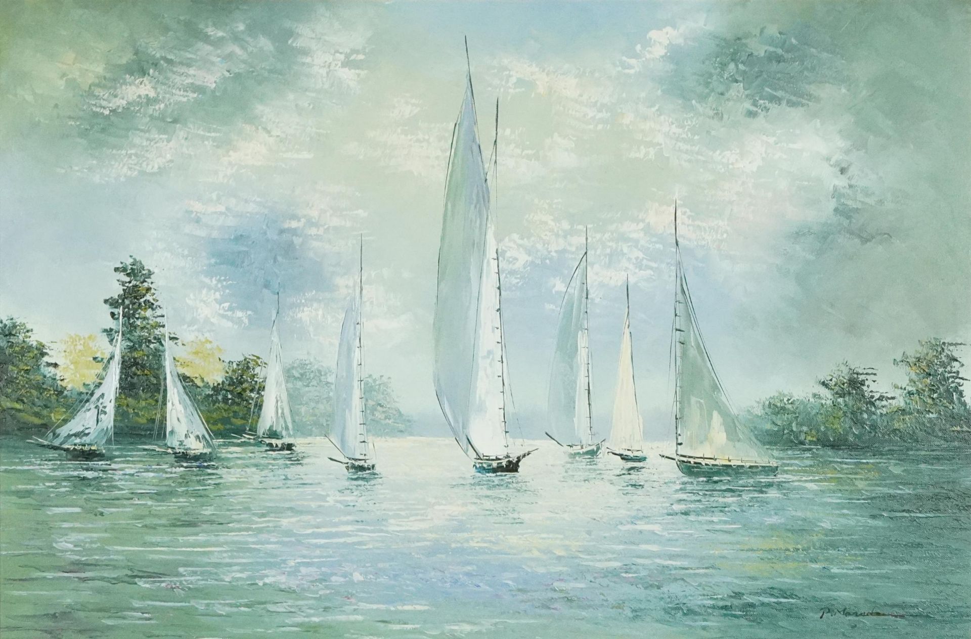 Sailing boats on calm water, contemporary Impressionist oil on canvas, mounted and framed, 75.5cm