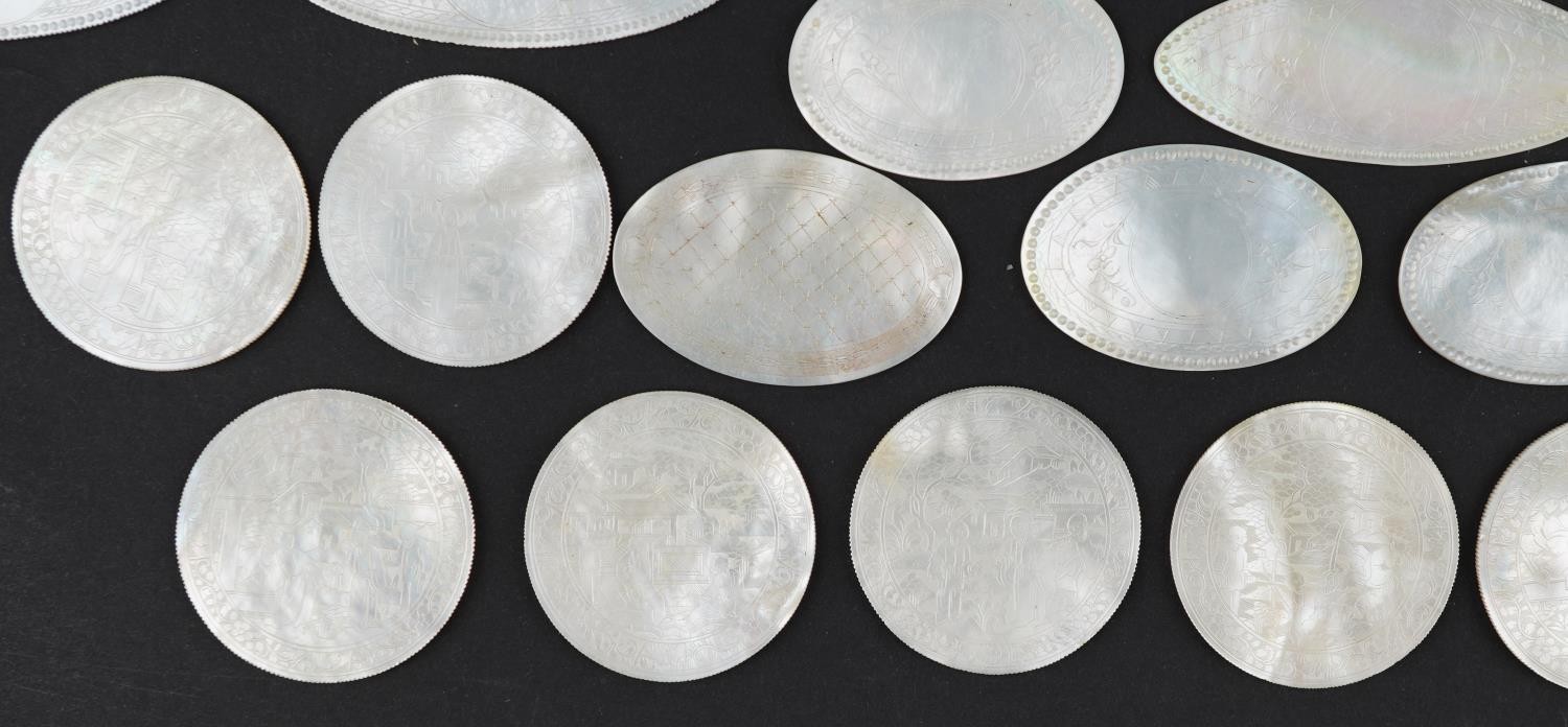 Good collection of Chinese Canton mother of pearl gaming counters, each carved with figures and - Image 8 of 24