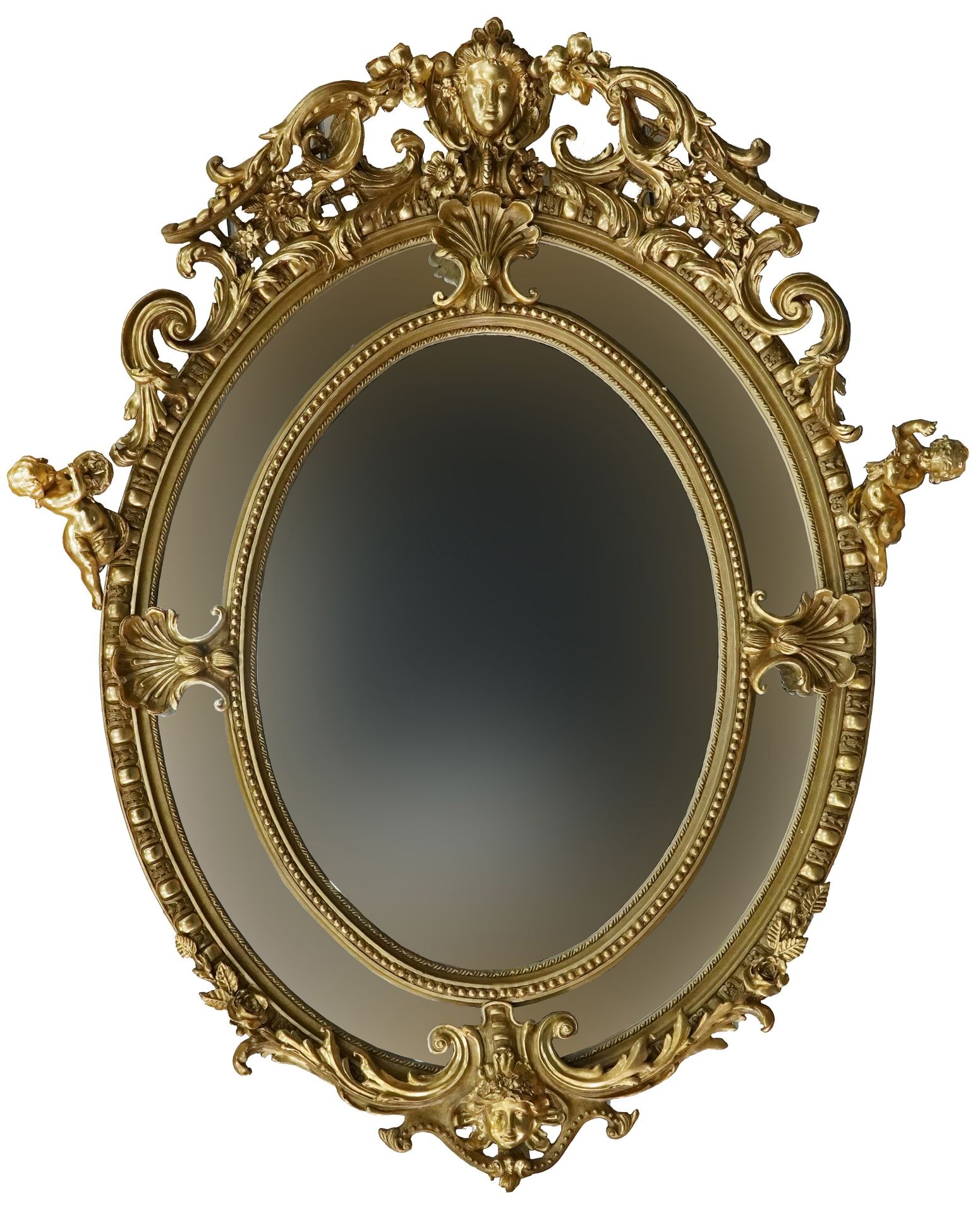 Unusually large and impressive 19th century style gilt painted oval wall mirror with bevelled