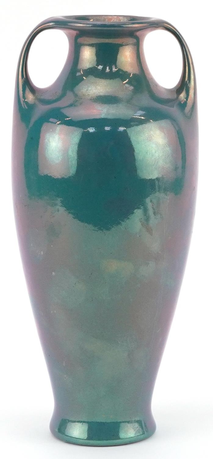 F T Lukas of Utrecht, Dutch Art Nouveau vase with twin handles having an iridescent blue glaze, - Image 2 of 3