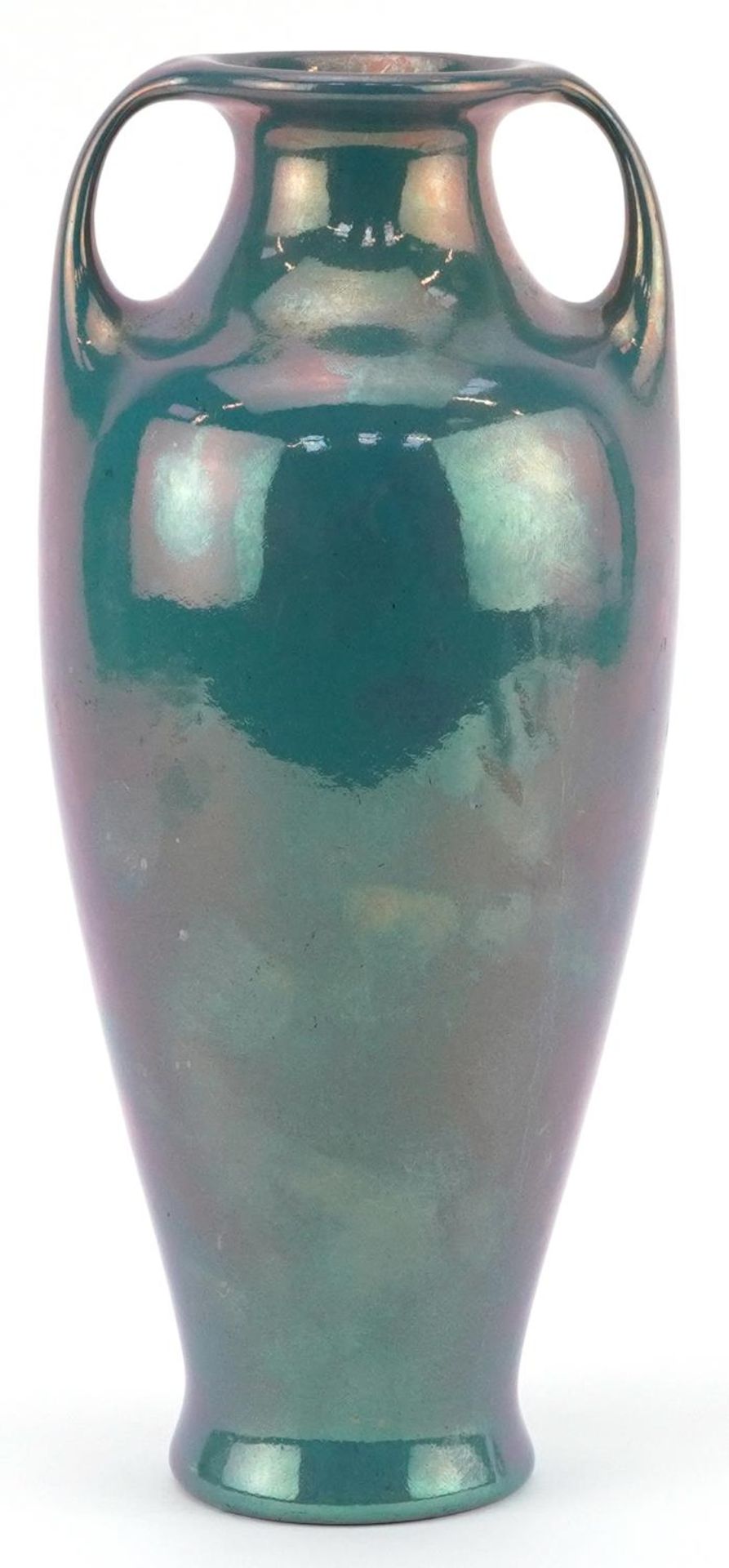 F T Lukas of Utrecht, Dutch Art Nouveau vase with twin handles having an iridescent blue glaze, - Image 2 of 3