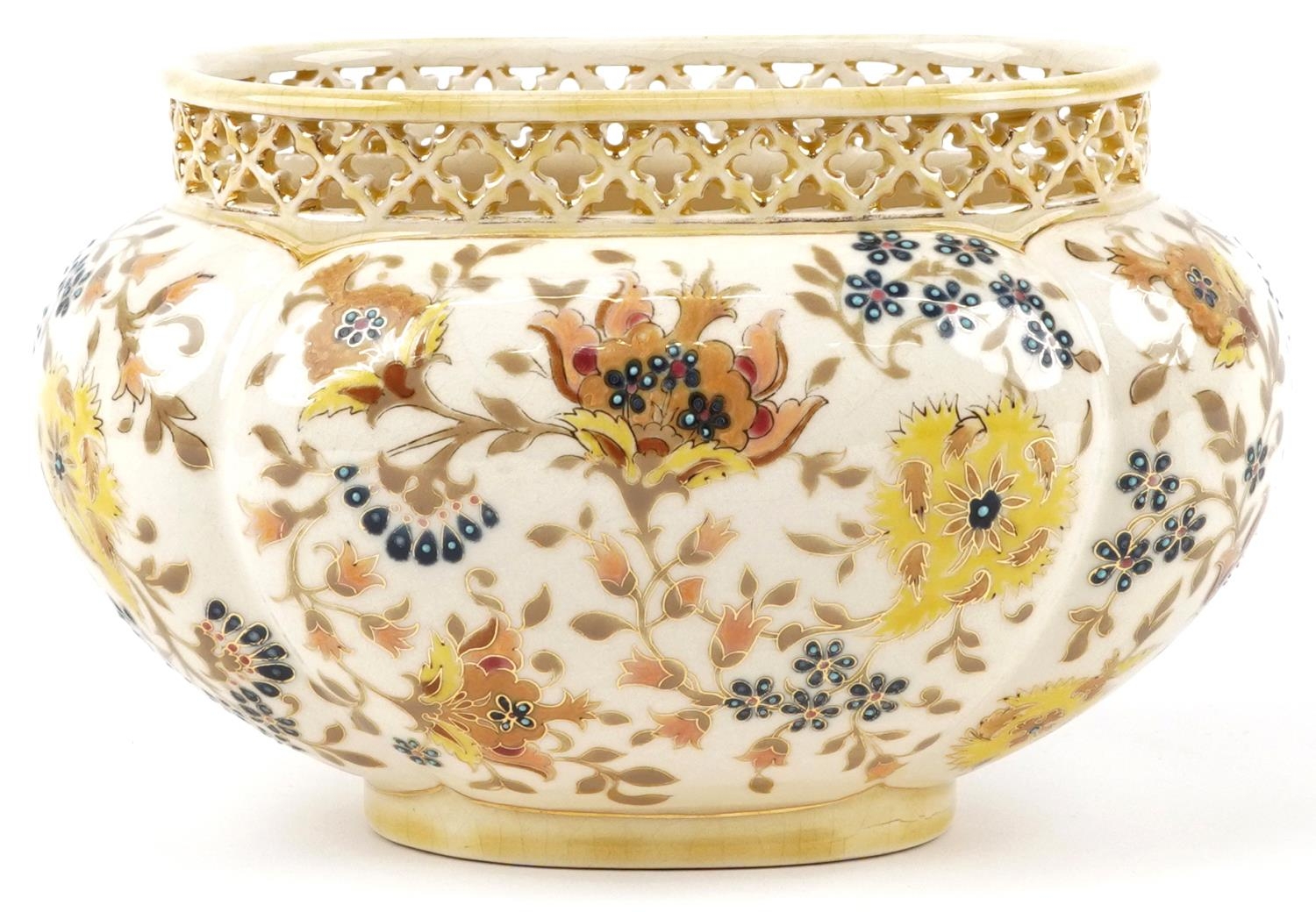 Zsolnay Pecs, Hungarian jardiniere with pierced border hand painted and gilded with flowers, - Image 2 of 4