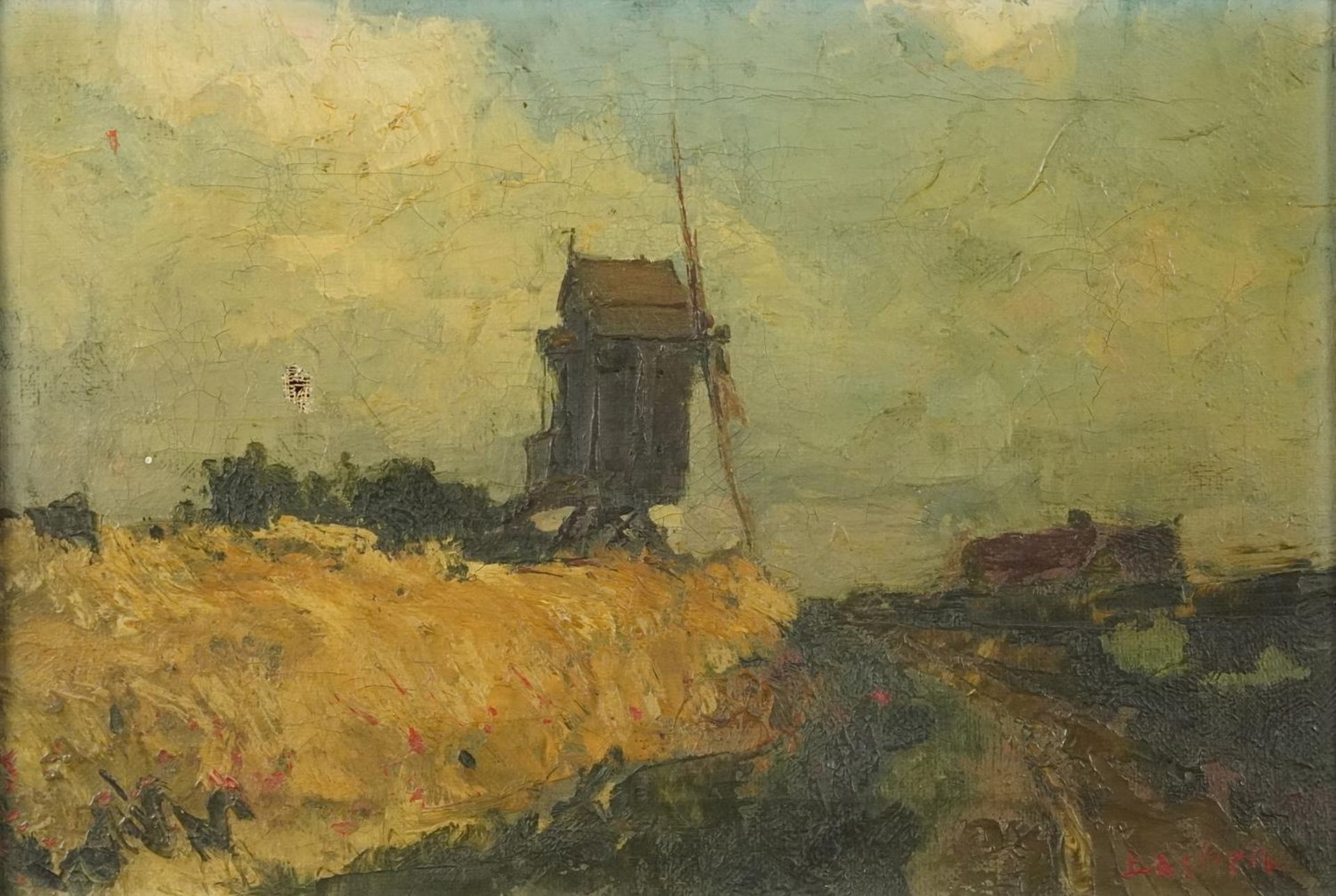 Landscape with windmill, 19th century European Impressionist oil on canvas bearing an indistinct - Bild 2 aus 8