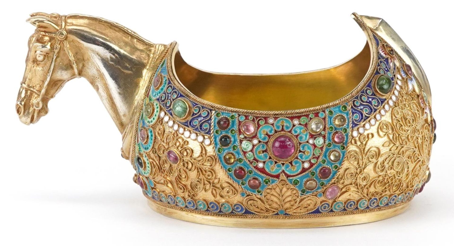 Silver gilt champleve enamel kovsh having a horsehead design handle and set with colourful - Image 2 of 5