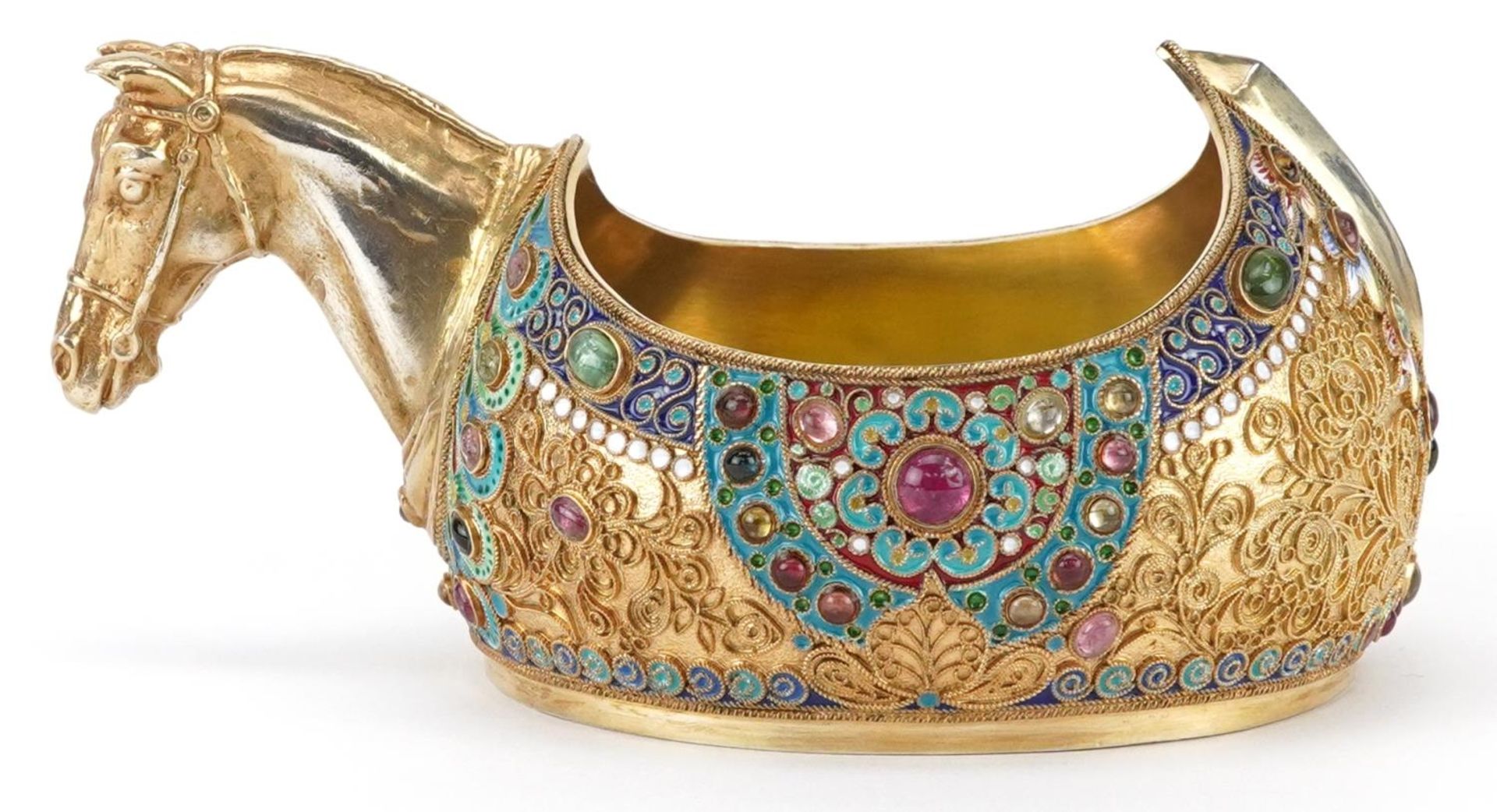 Silver gilt champleve enamel kovsh having a horsehead design handle and set with colourful - Bild 2 aus 5