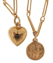 9ct gold long link necklace with a 9ct gold love heart pendant set with a clear stone and a 9ct gold